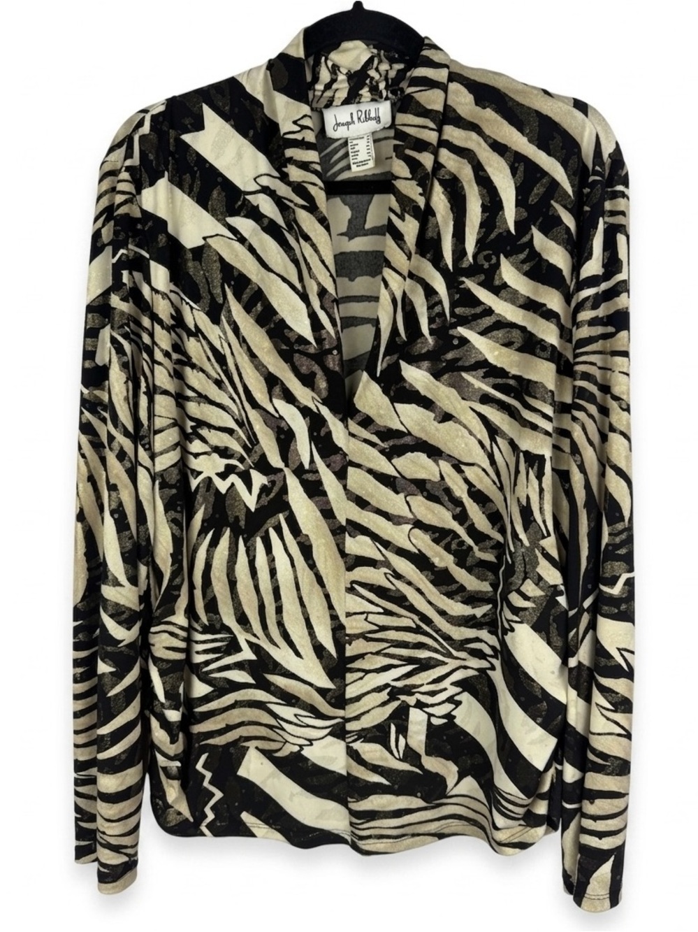Joseph Ribkoff Black Cream Abstract Animal Print Sequin Statement Top Size 16